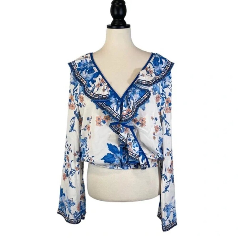 Vici Blue White Floral V-Neck Blouse Faux Wrap Ruffle Front Flare Sleeve, Size M